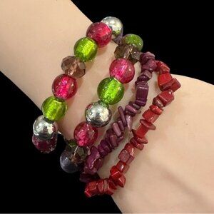 Colorful Beaded Stretch Bracelets Set Of 4 With Glass & Stone Beads For Women